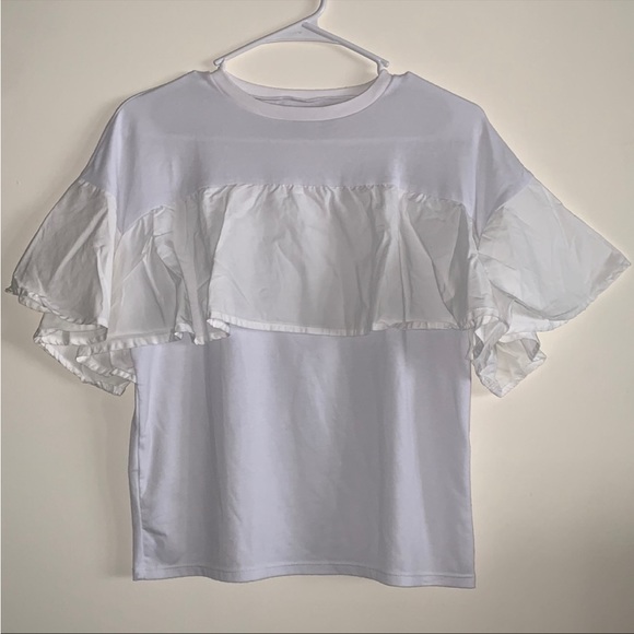 Solid Basic Casual Ruffle Layer Flutter Short Sleeves Top Size S - Picture 2 of 4
